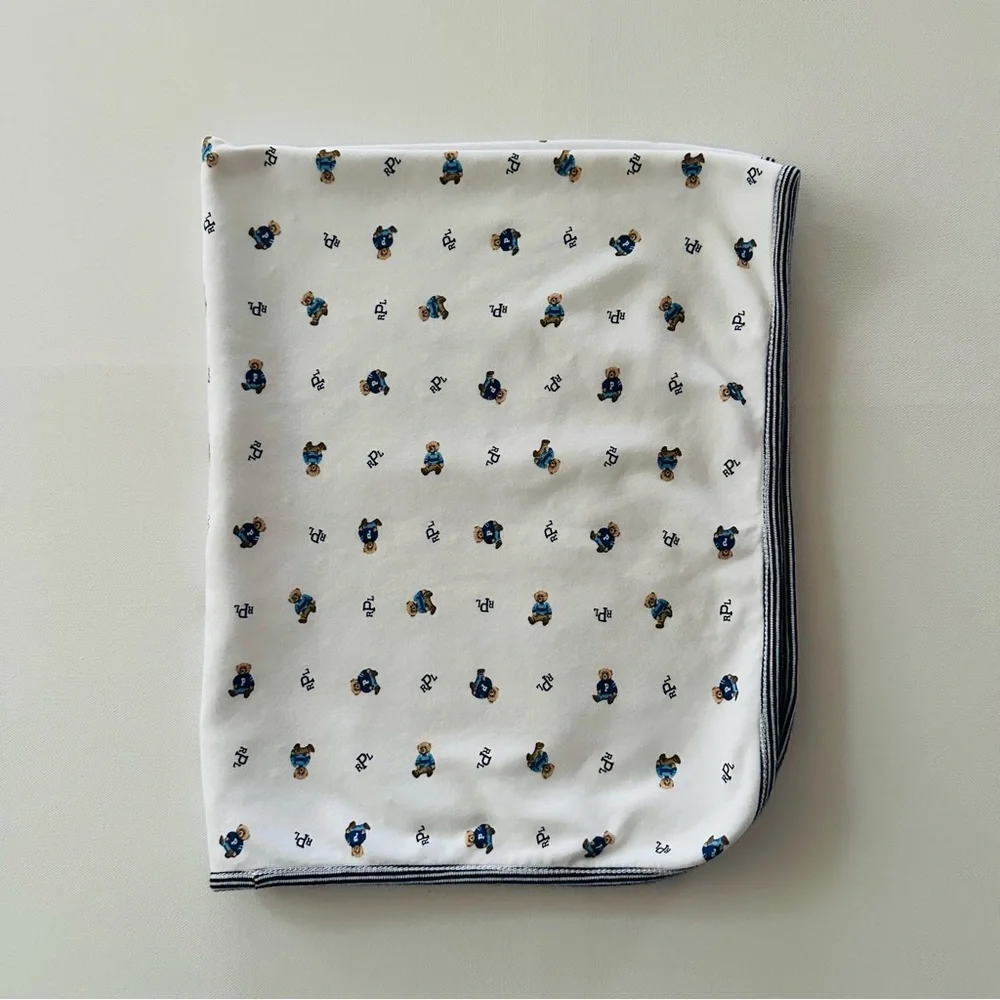 Ralph Lauren Baby Boy White Blanket Polo Bear Print Cotton